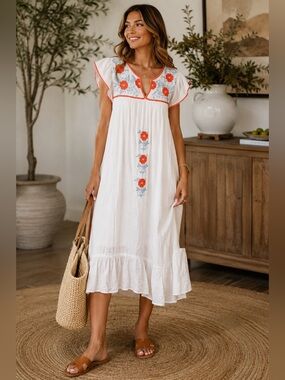 J. Marie Embroidered Boho Midi Dress White Floral Flutter Sleeve Cottagecore M
